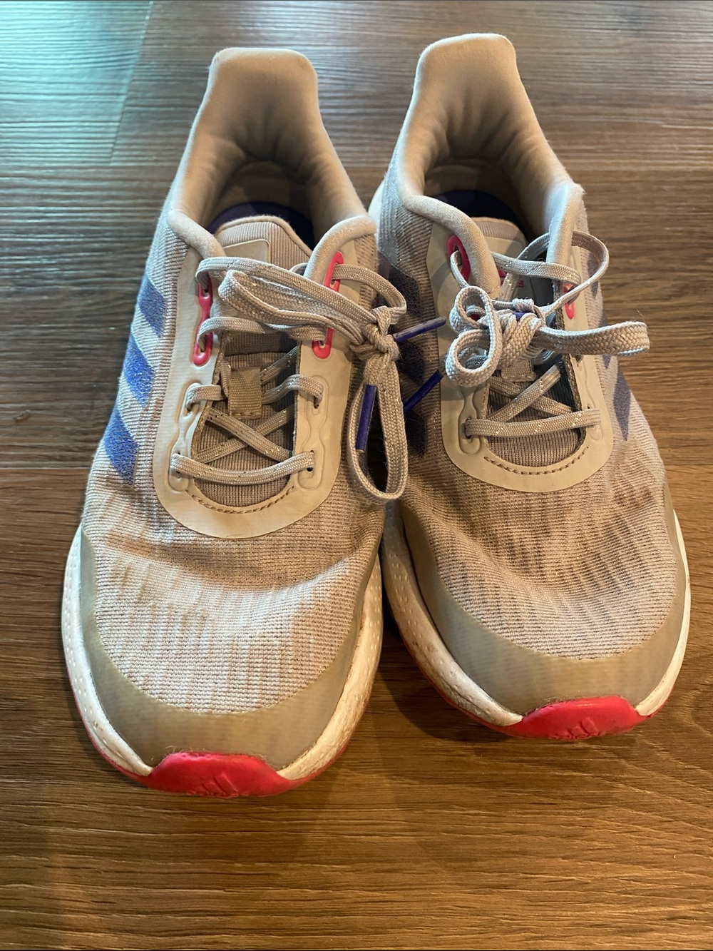 adidas Gray and Pink Kids Sneakers with Purple Stripe